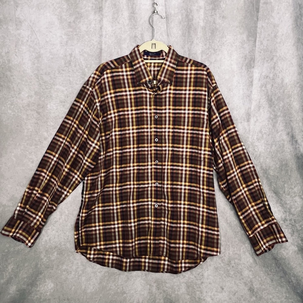 Alan Flusser Men's Large Cotton Brown Plaid Long Sleeve Shirt Casual